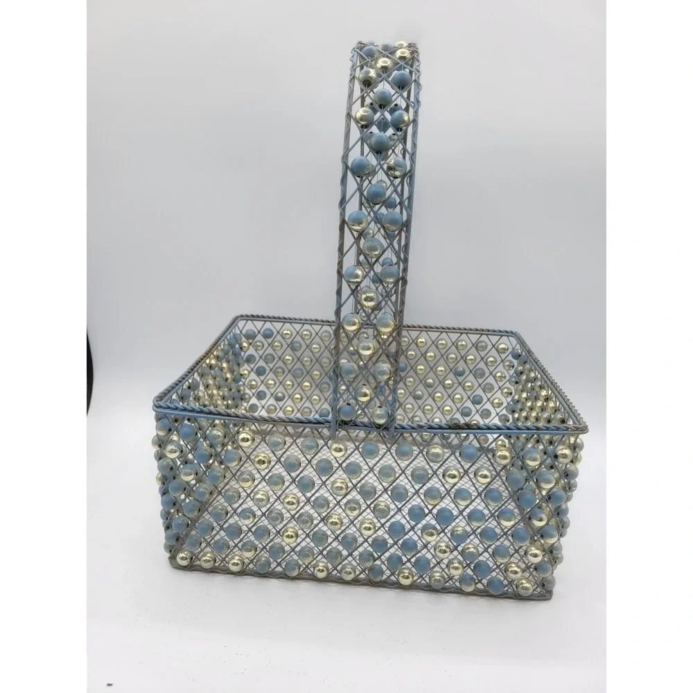 Vintage Beaded Wire Mesh Basket Set 2pc Blue Gold Cottagecore Decorative Storage